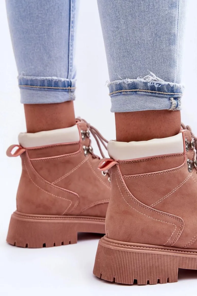 Damskie Trapery|Botki Sznurowane>Boto Damskie Skórzane Ocieplane Trapery Różowe Poles