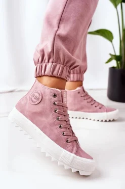 Best Damskie Skórzane Ocieplane Trampki Big Star EE274113 Różowe Damskie Trampki Ocieplane|Trampki Damskie Big Star