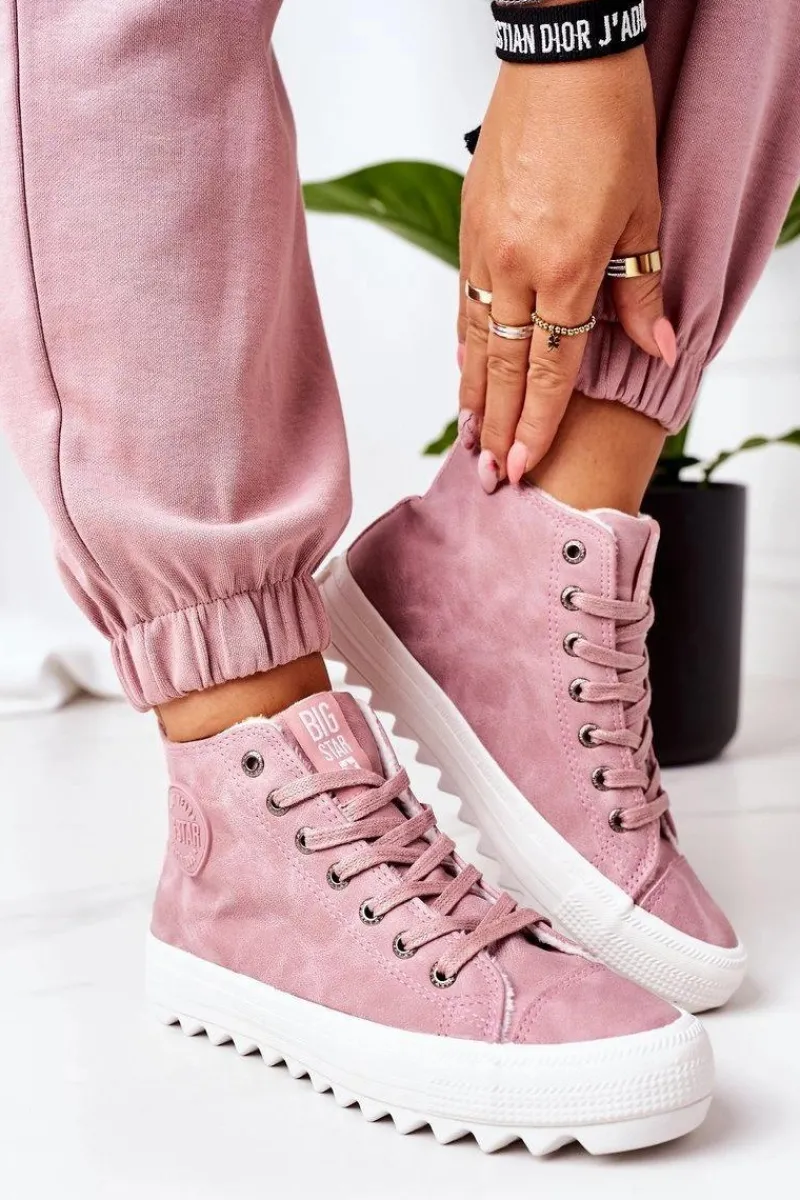 Best Damskie Skórzane Ocieplane Trampki Big Star EE274113 Różowe Damskie Trampki Ocieplane|Trampki Damskie Big Star