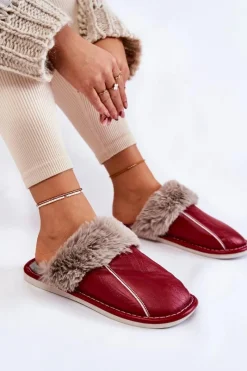 Kapcie Klasyczne>Boto Damskie Skórzane Papcie Z Futerkiem Czerwone Rossa