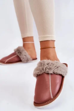 Sale Damskie Skórzane Papcie Z Futerkiem Ciemnoróżowe Rossa Damskie Kapcie Klasyczne