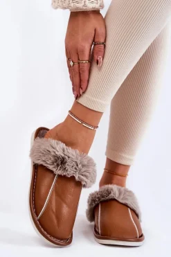 Kapcie Klasyczne>Boto Damskie Skórzane Papcie Z Futerkiem Brązowe Rossa