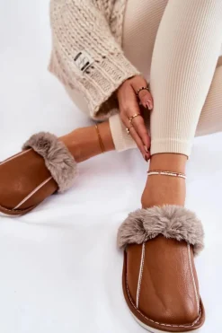 Kapcie Klasyczne>Boto Damskie Skórzane Papcie Z Futerkiem Brązowe Rossa