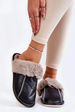 Hot Boto Damskie Skórzane Papcie Z Futerkiem Czarne Rossa