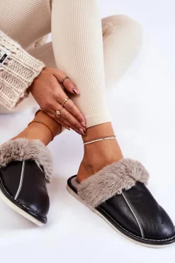 Hot Boto Damskie Skórzane Papcie Z Futerkiem Czarne Rossa