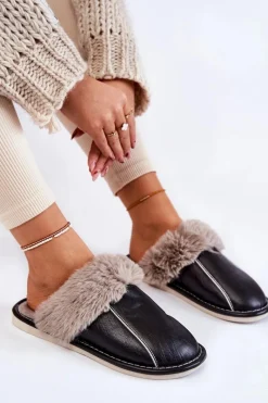 Hot Boto Damskie Skórzane Papcie Z Futerkiem Czarne Rossa