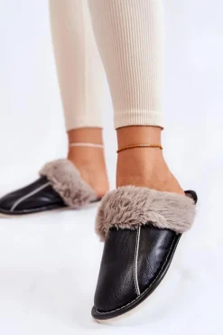 Hot Boto Damskie Skórzane Papcie Z Futerkiem Czarne Rossa