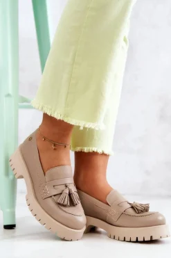 Clearance Damskie Skórzane Półbuty Frędzle 05497-04 Beżowe Damskie Półbuty Skórzane|Mokasyny Damskie Skórzane