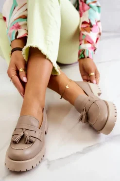 Clearance Damskie Skórzane Półbuty Frędzle 05497-04 Beżowe Damskie Półbuty Skórzane|Mokasyny Damskie Skórzane