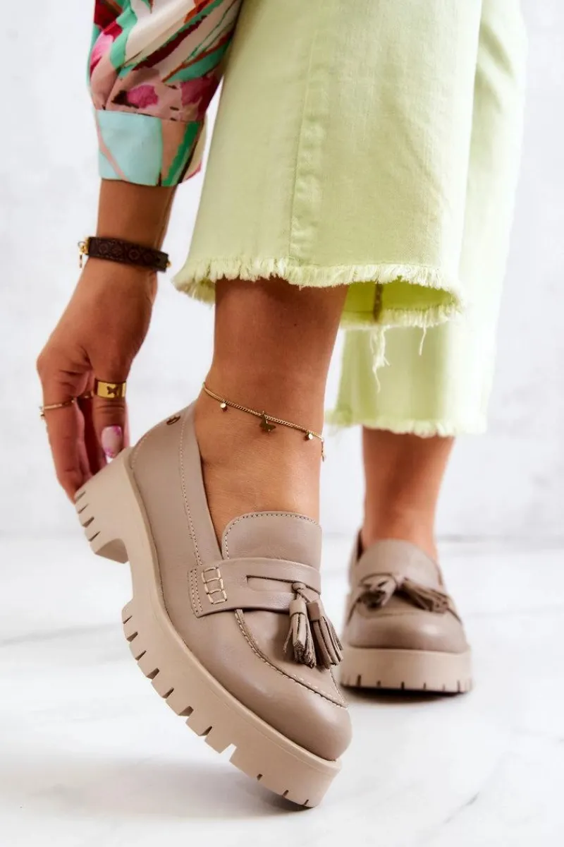 Clearance Damskie Skórzane Półbuty Frędzle 05497-04 Beżowe Damskie Półbuty Skórzane|Mokasyny Damskie Skórzane