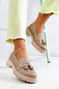 Clearance Damskie Skórzane Półbuty Frędzle 05497-04 Beżowe Damskie Półbuty Skórzane|Mokasyny Damskie Skórzane