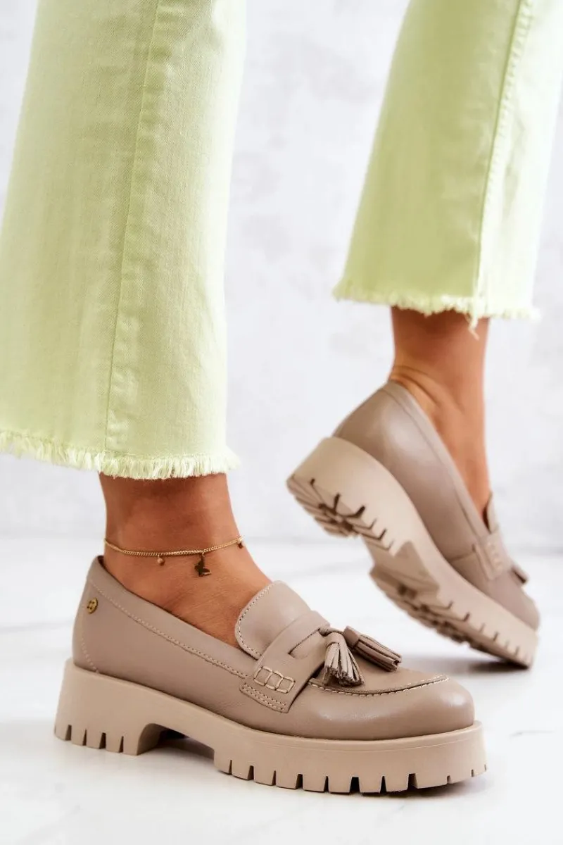 Clearance Damskie Skórzane Półbuty Frędzle 05497-04 Beżowe Damskie Półbuty Skórzane|Mokasyny Damskie Skórzane