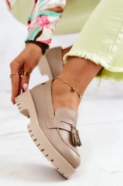 Clearance Damskie Skórzane Półbuty Frędzle 05497-04 Beżowe Damskie Półbuty Skórzane|Mokasyny Damskie Skórzane