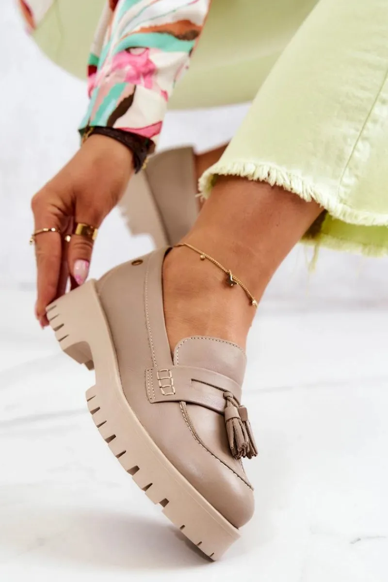 Clearance Damskie Skórzane Półbuty Frędzle 05497-04 Beżowe Damskie Półbuty Skórzane|Mokasyny Damskie Skórzane