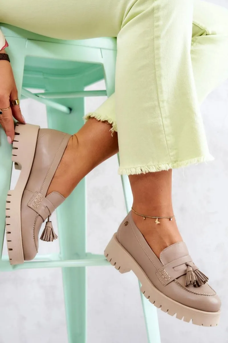 Clearance Damskie Skórzane Półbuty Frędzle 05497-04 Beżowe Damskie Półbuty Skórzane|Mokasyny Damskie Skórzane