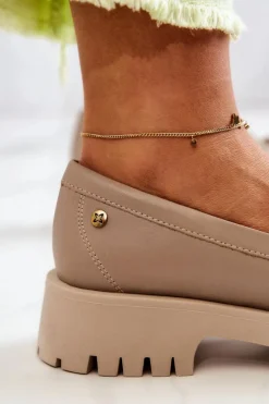 Clearance Damskie Skórzane Półbuty Frędzle 05497-04 Beżowe Damskie Półbuty Skórzane|Mokasyny Damskie Skórzane