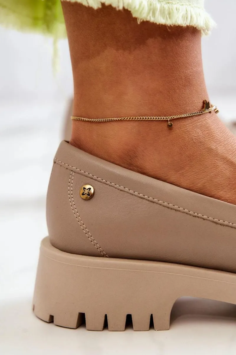 Clearance Damskie Skórzane Półbuty Frędzle 05497-04 Beżowe Damskie Półbuty Skórzane|Mokasyny Damskie Skórzane