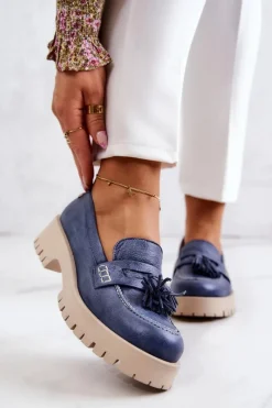 Discount Maciejka Damskie Skórzane Półbuty Frędzle 05497-17 Niebieskie