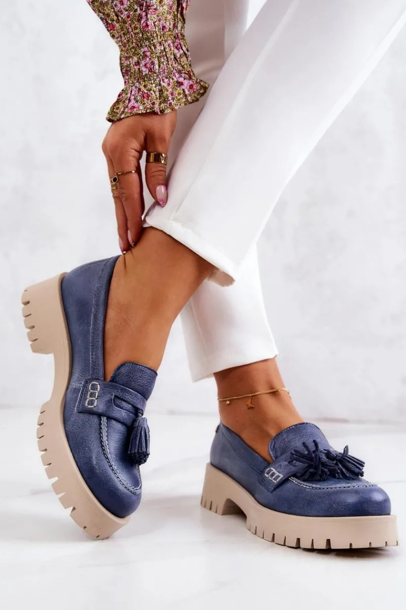 Discount Maciejka Damskie Skórzane Półbuty Frędzle 05497-17 Niebieskie