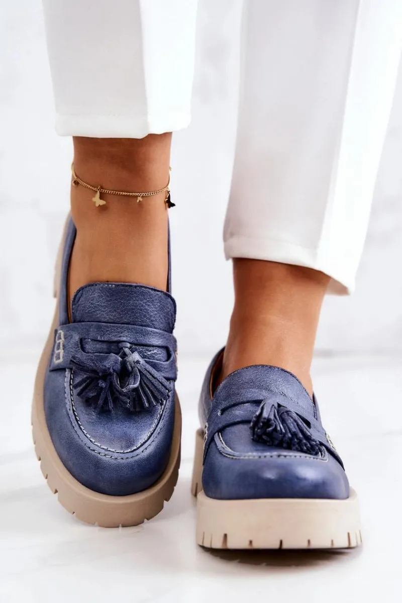 Discount Maciejka Damskie Skórzane Półbuty Frędzle 05497-17 Niebieskie