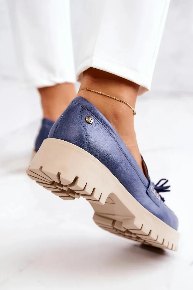 Discount Maciejka Damskie Skórzane Półbuty Frędzle 05497-17 Niebieskie