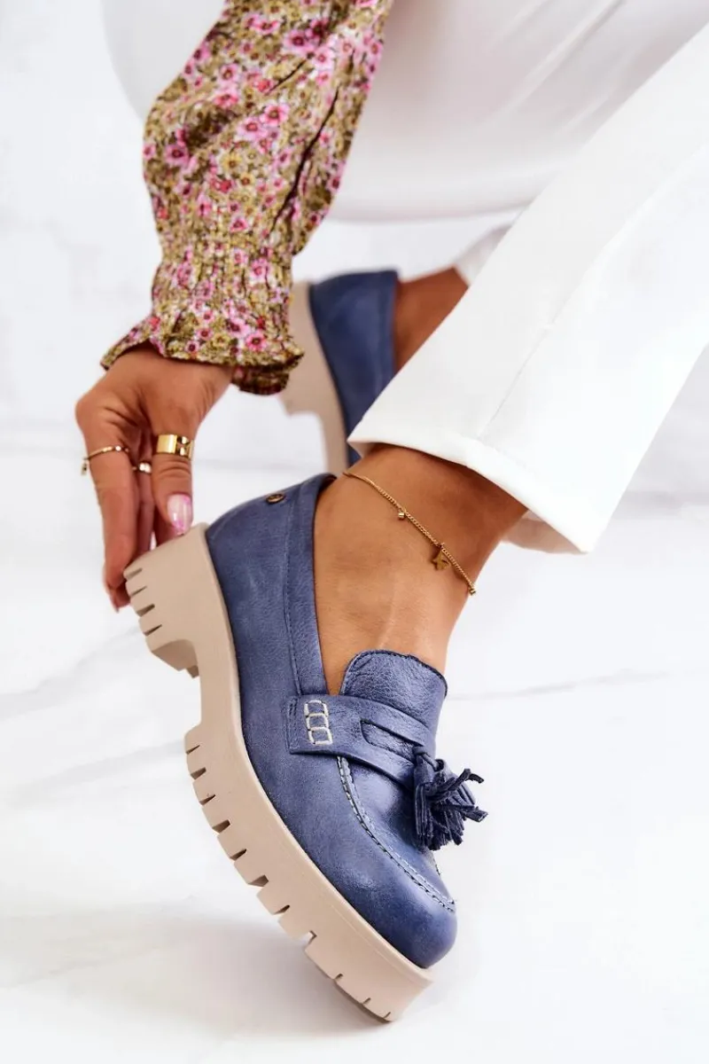 Discount Maciejka Damskie Skórzane Półbuty Frędzle 05497-17 Niebieskie