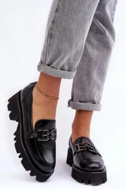 Półbuty Skórzane></noscript>Laura Messi Damskie Skórzane Półbuty Loafersy Z Ozdobą 2699 Czarne Czarny