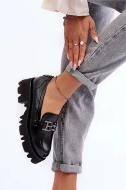 Półbuty Skórzane></noscript>Laura Messi Damskie Skórzane Półbuty Loafersy Z Ozdobą 2699 Czarne Czarny