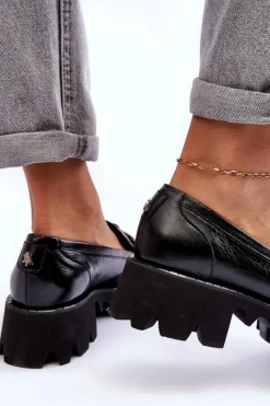 Półbuty Skórzane></noscript>Laura Messi Damskie Skórzane Półbuty Loafersy Z Ozdobą 2699 Czarne Czarny