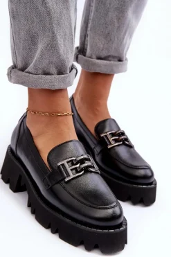 Półbuty Skórzane></noscript>Laura Messi Damskie Skórzane Półbuty Loafersy Z Ozdobą 2699 Czarne Czarny