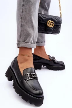 Półbuty Skórzane></noscript>Laura Messi Damskie Skórzane Półbuty Loafersy Z Ozdobą 2699 Czarne Czarny