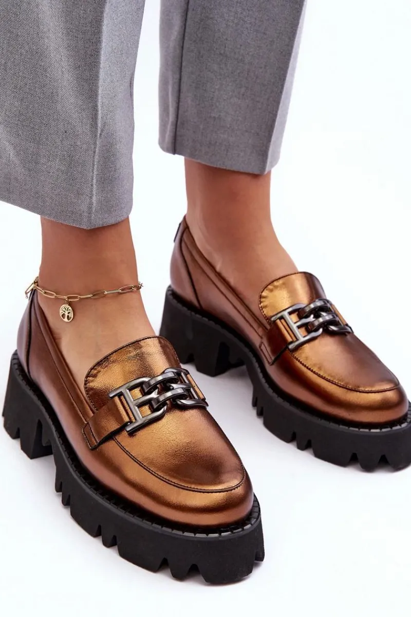 New Laura Messi Damskie Skórzane Półbuty Loafersy Z Ozdobą 2699 Złote Złoty