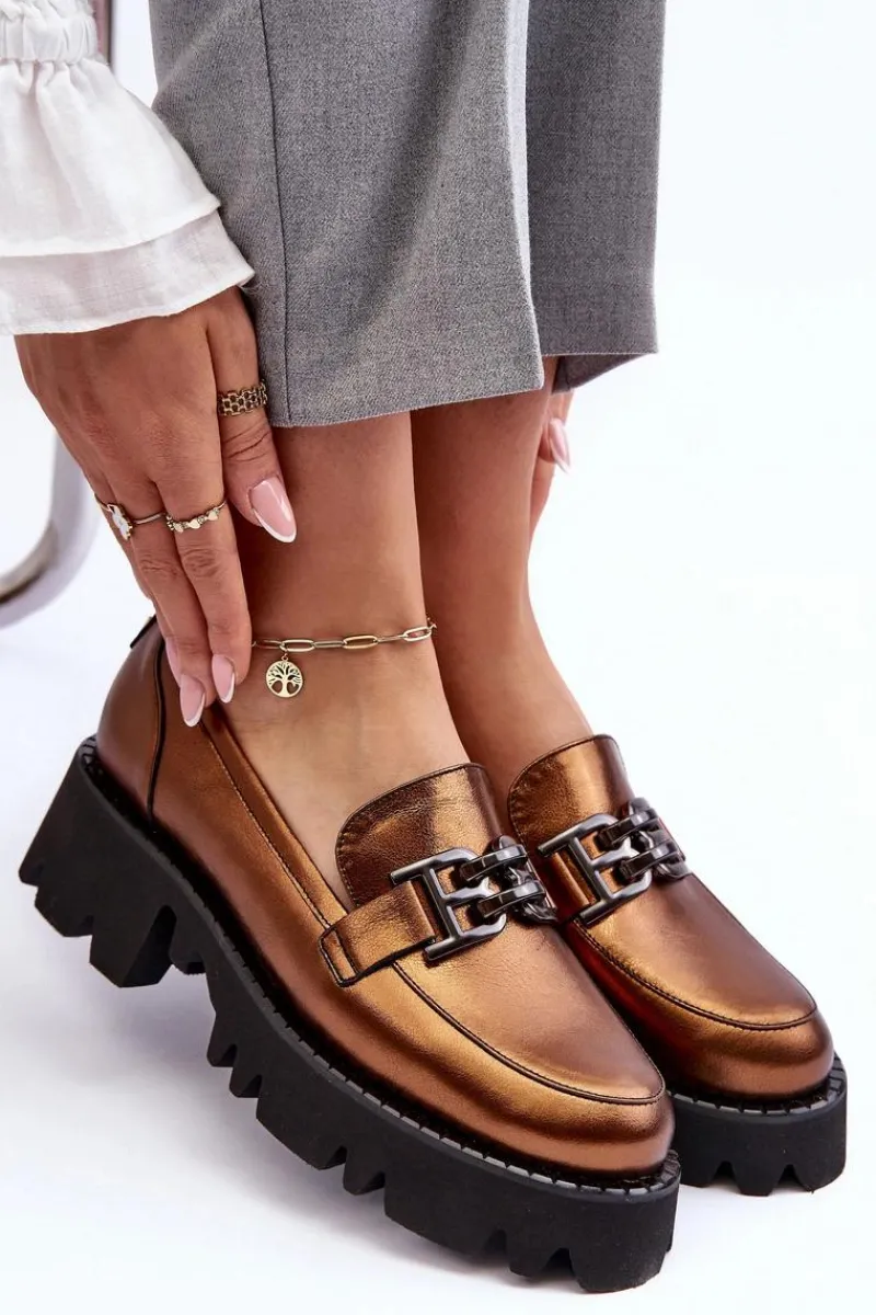 New Laura Messi Damskie Skórzane Półbuty Loafersy Z Ozdobą 2699 Złote Złoty