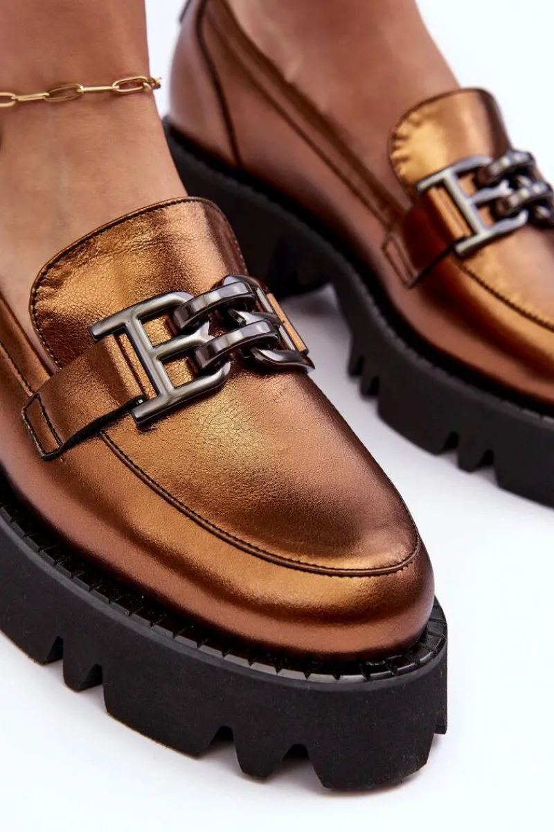 New Laura Messi Damskie Skórzane Półbuty Loafersy Z Ozdobą 2699 Złote Złoty