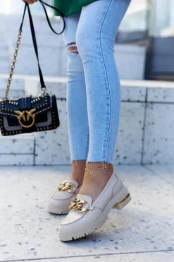 Discount Boto Damskie Skórzane Półbuty Loafery Beżowe Mollie