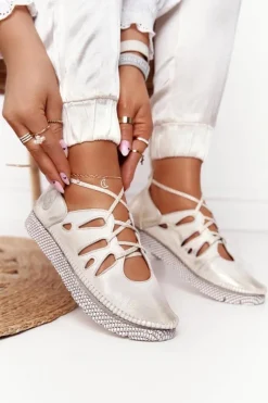 Outlet Damskie Skórzane Półbuty Beżowo-Złote 04449-25 Damskie Półbuty Skórzane