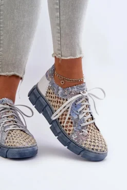 New Damskie Skórzane Półbuty 05850-06 Niebieskie Damskie Półbuty Skórzane