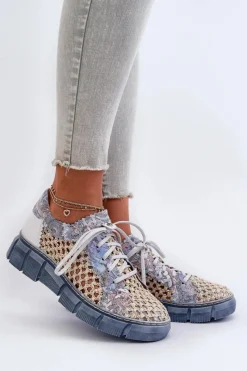 New Damskie Skórzane Półbuty 05850-06 Niebieskie Damskie Półbuty Skórzane