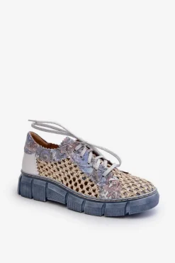 New Damskie Skórzane Półbuty 05850-06 Niebieskie Damskie Półbuty Skórzane