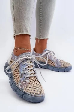 New Damskie Skórzane Półbuty 05850-06 Niebieskie Damskie Półbuty Skórzane