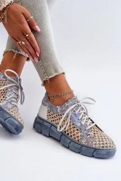 New Damskie Skórzane Półbuty 05850-06 Niebieskie Damskie Półbuty Skórzane