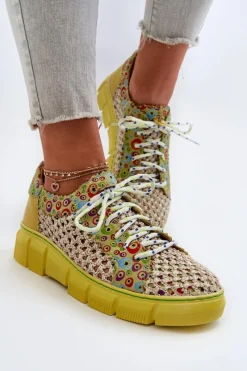 Hot Damskie Skórzane Półbuty 05850-09 Limonkowe Damskie Półbuty Skórzane