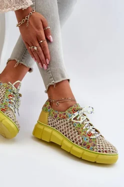 Hot Damskie Skórzane Półbuty 05850-09 Limonkowe Damskie Półbuty Skórzane