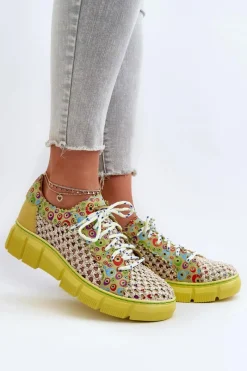 Hot Damskie Skórzane Półbuty 05850-09 Limonkowe Damskie Półbuty Skórzane