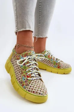 Hot Damskie Skórzane Półbuty 05850-09 Limonkowe Damskie Półbuty Skórzane