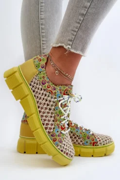 Hot Damskie Skórzane Półbuty 05850-09 Limonkowe Damskie Półbuty Skórzane