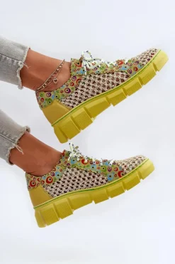 Hot Damskie Skórzane Półbuty 05850-09 Limonkowe Damskie Półbuty Skórzane