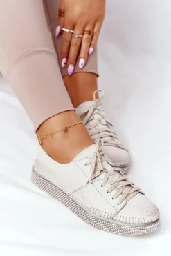 Discount Damskie Skórzane Półbuty 05054-25 Złote Damskie Półbuty Skórzane