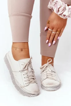 Discount Damskie Skórzane Półbuty 05054-25 Złote Damskie Półbuty Skórzane