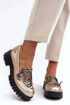 Półbuty Skórzane|Mokasyny Damskie Skórzane>Maciejka Damskie Skórzane Półbuty Mokasyny 06195-25 Złote